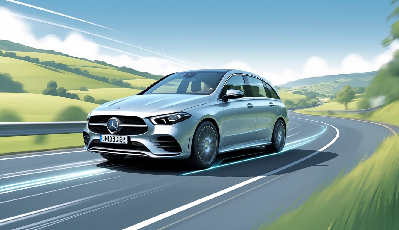 Mercedes B klasa automobil vozi se cestom kroz prirodni krajolik, prikazujući udobnost i stabilnost vožnje.