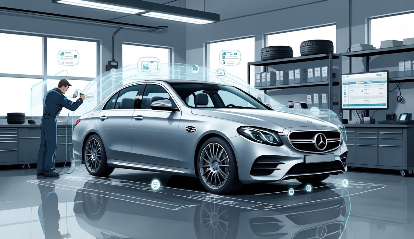 Mercedes E300d u automehaničarskoj radionici, mehaničar pregledava automobil, prikazani dijelovi vozila i alati za servis.