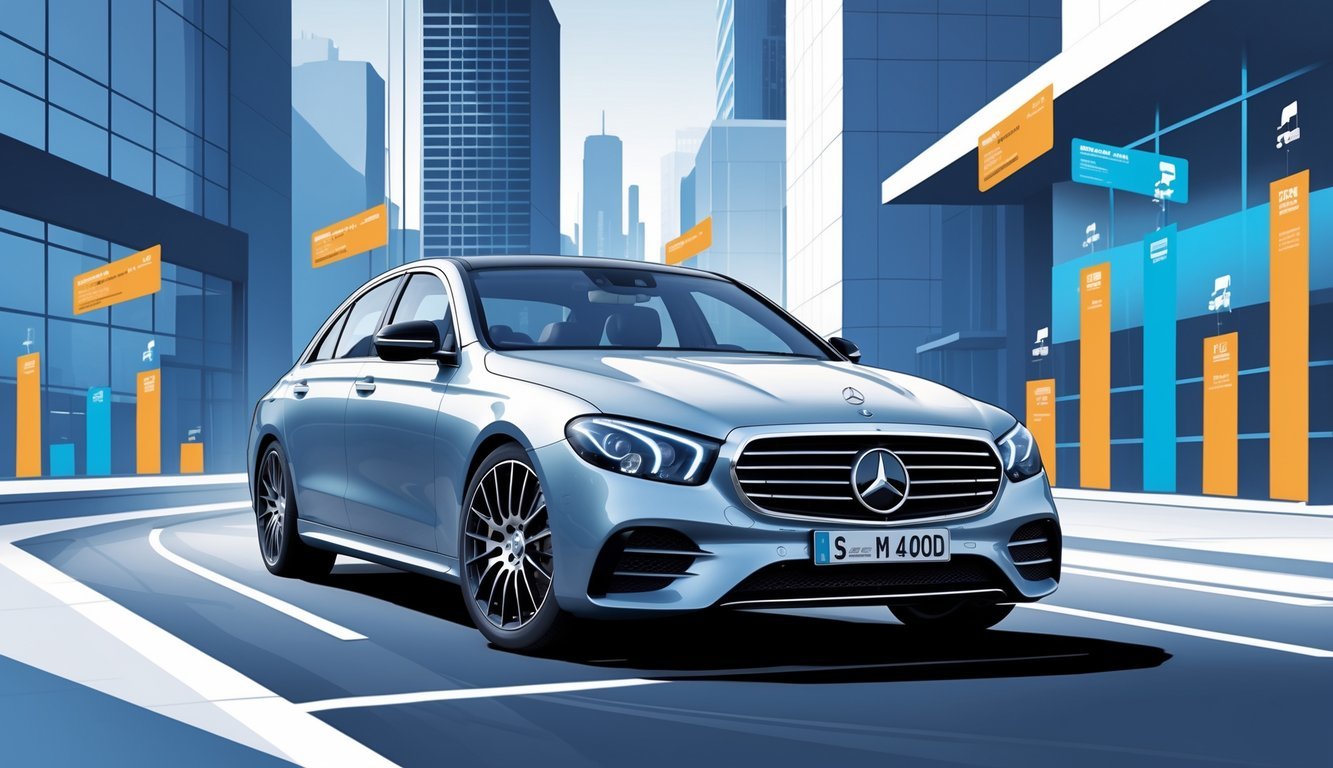 Mercedes E-klasa E400d automobil ispred urbanog krajolika s prikazom elemenata koji simboliziraju cijene, opremu i tržište rabljenih vozila.