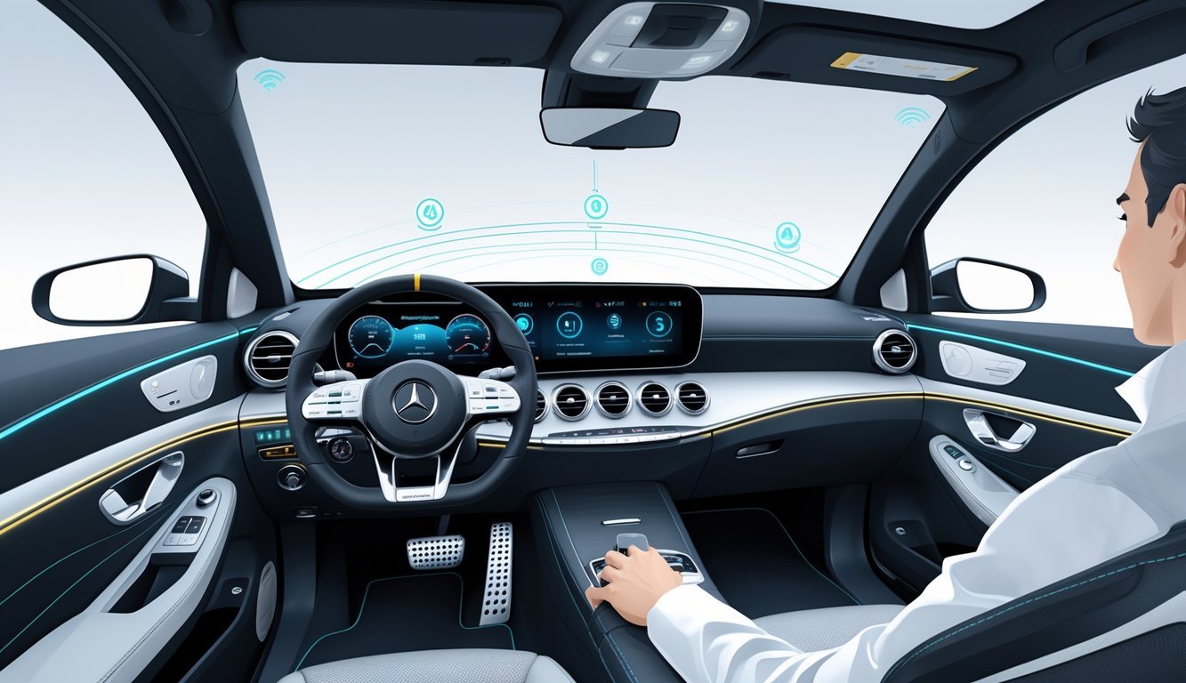 Unutrašnjost automobila Mercedes B klase s prikazom sigurnosnih sustava i vozačkih pomoćnih funkcija.