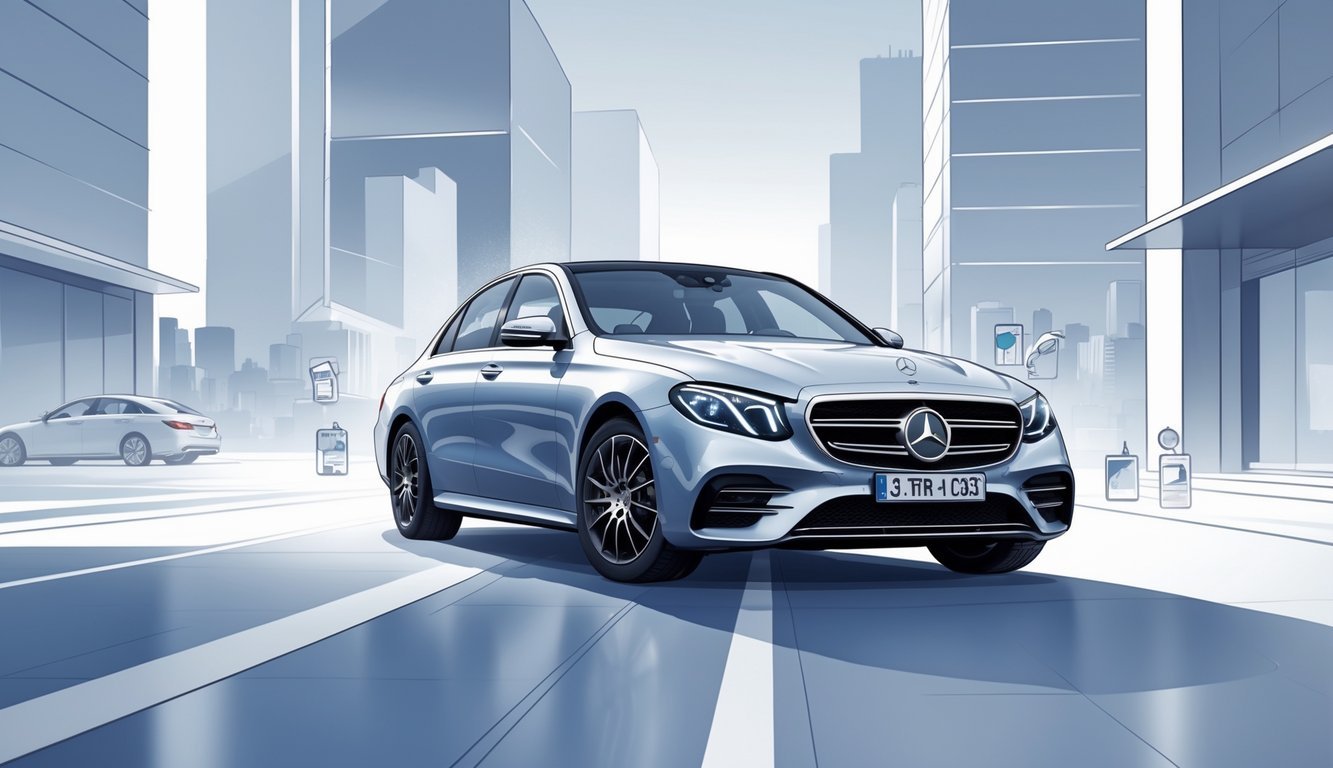 Mercedes E-klasa E400d automobil parkiran u modernom gradskom okruženju s prikazom prednosti i mana vlasnika kroz simbolične ilustracije.
