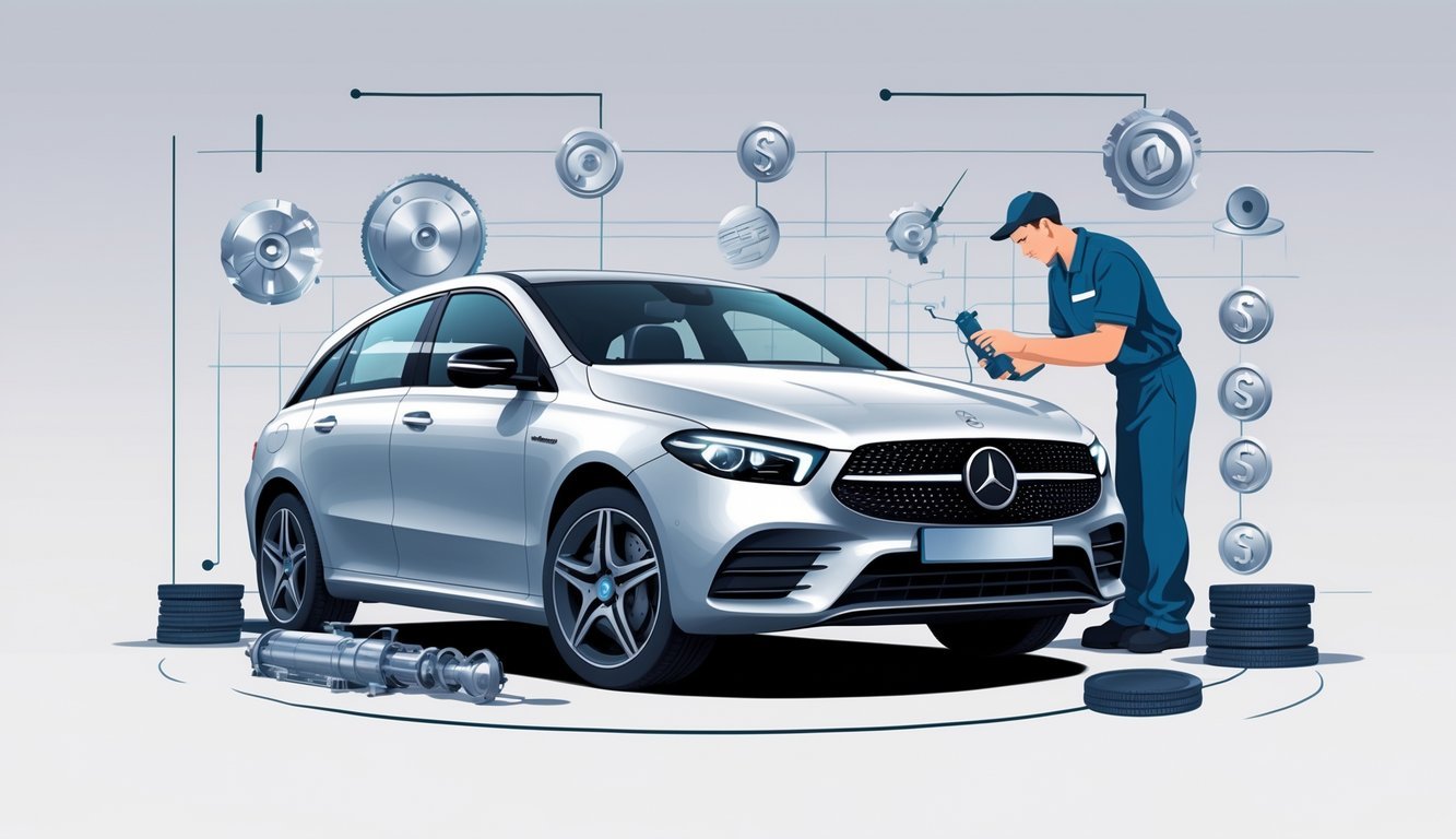 Mercedes B-klasa automobil okružen simbolima tipičnih kvarova i prikazom mehaničara koji pregledava vozilo uz simbole troškova servisa.