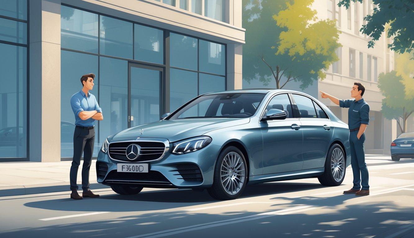 Vlasnik automobila stoji pored Mercedesa E300d dok stručnjak pokazuje na vozilo u urbanom okruženju.