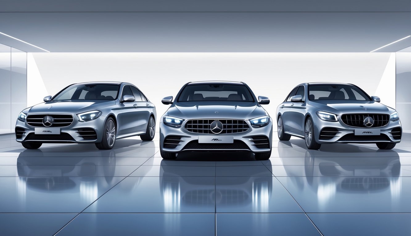 Tri luksuzna automobila postavljena jedan do drugog u modernom izložbenom prostoru, s Mercedesom E400d u sredini.