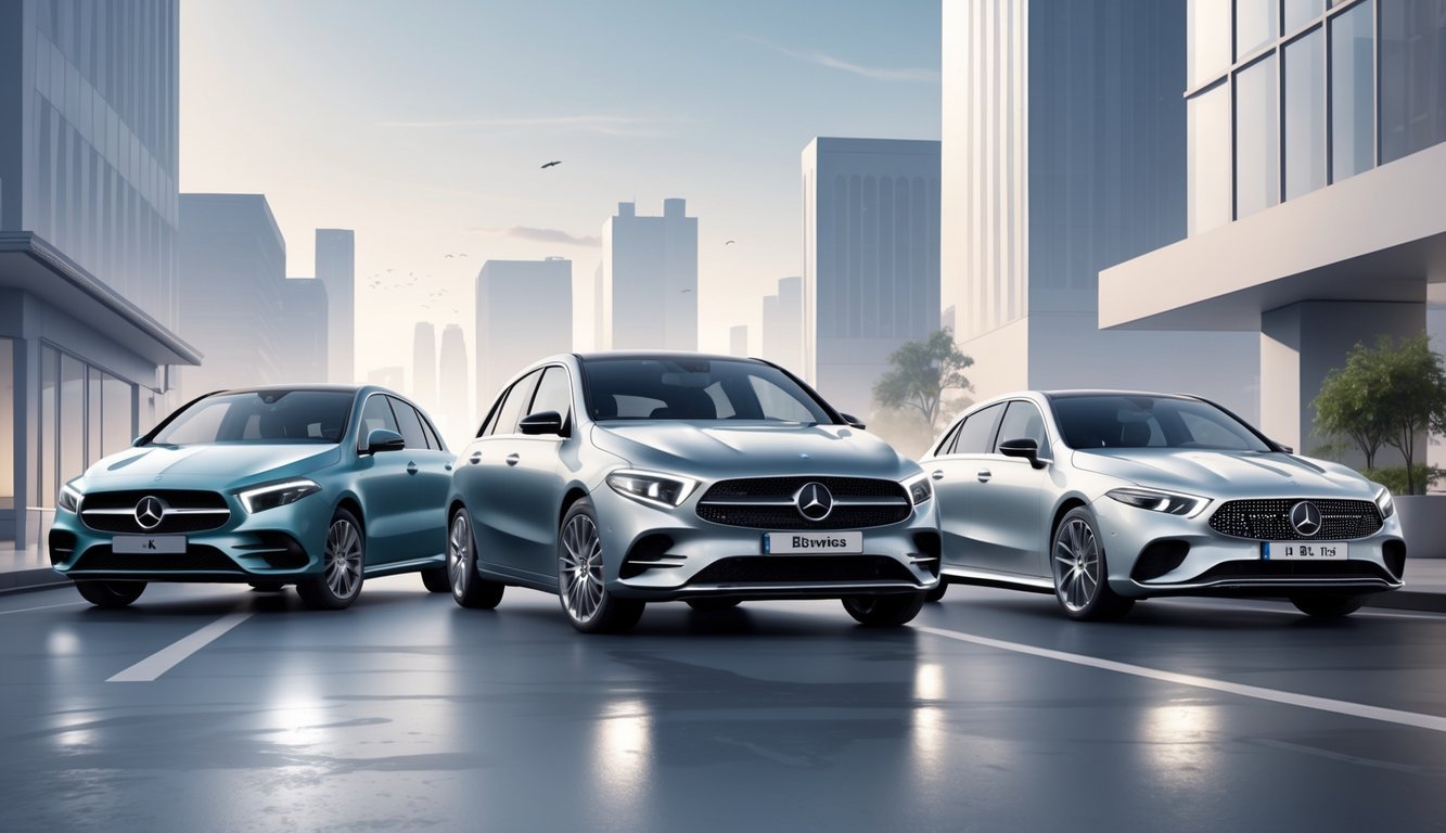 Tri kompaktna luksuzna automobila parkirana jedan do drugog na gradskoj ulici, s Mercedes B klasom u sredini i dva druga modela s obje strane.