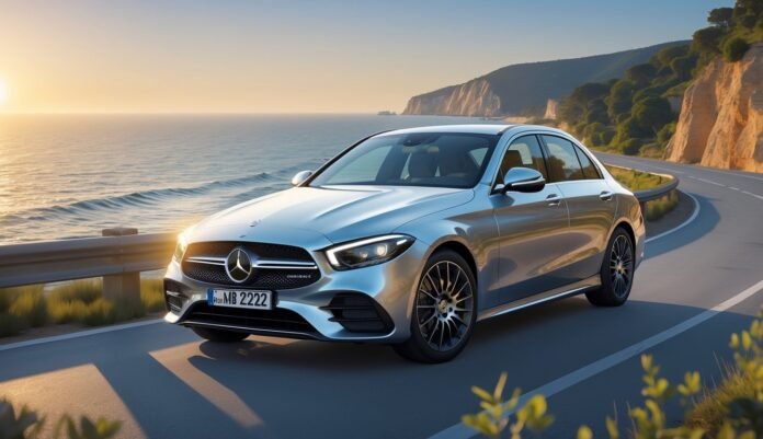 Mercedes C220d parkiran na obalnoj cesti s morem i zelenilom u pozadini.