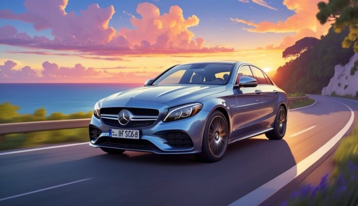 Mercedes C-klasa automobil vozi uz obalu tijekom zalaska sunca.