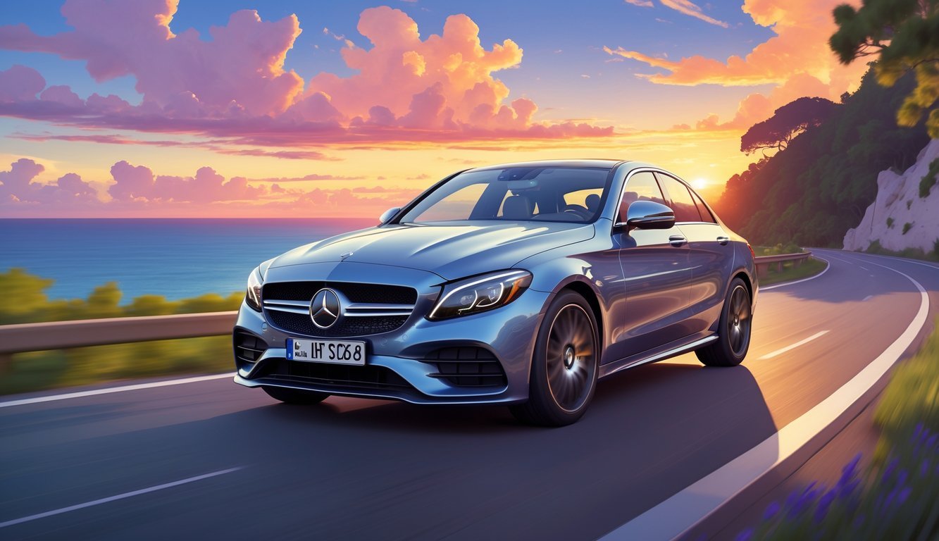 Mercedes C-klasa automobil vozi uz obalu tijekom zalaska sunca.