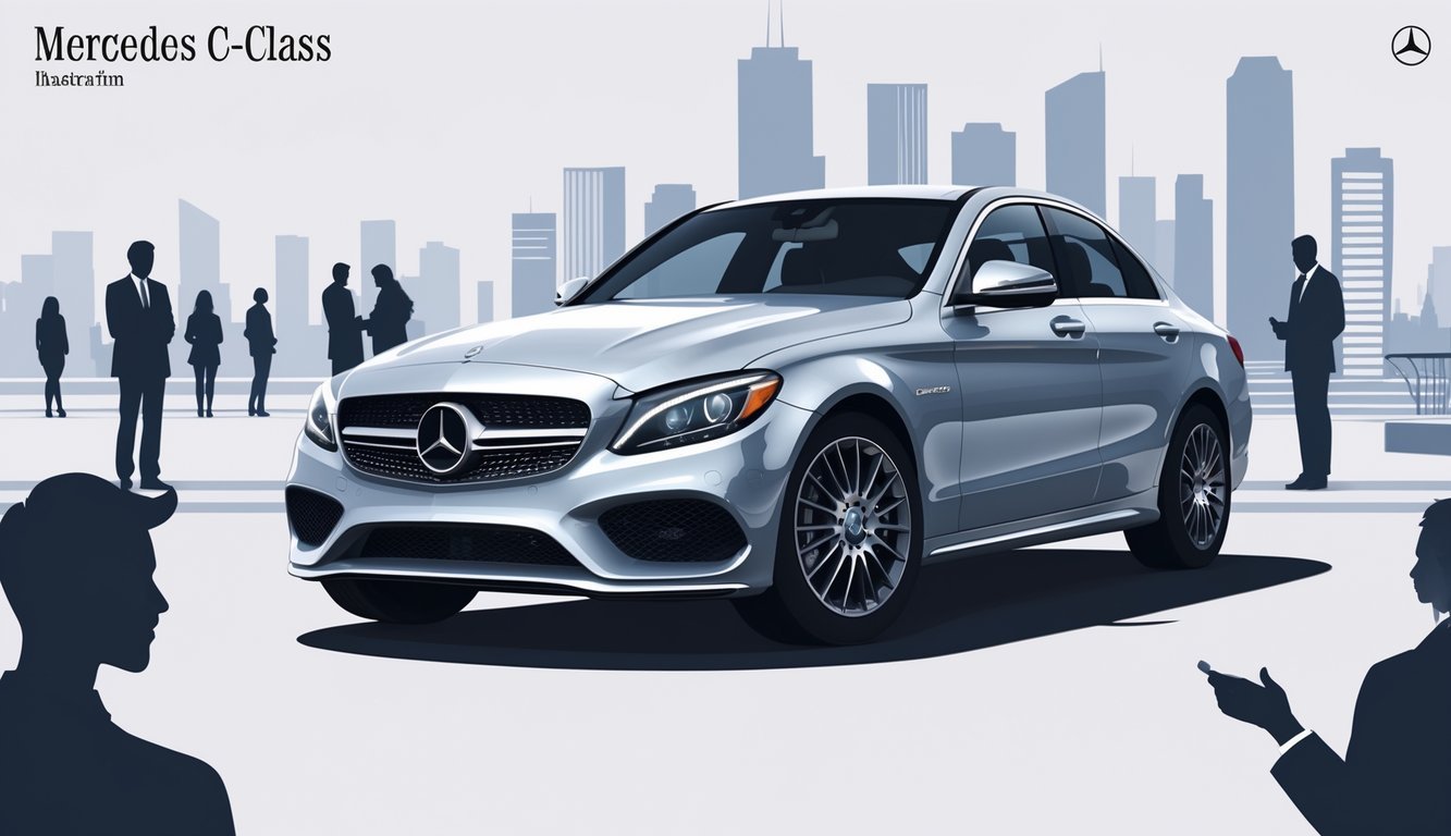 Mercedes C klasa automobil prikazan iz blagog kuta sprijeda, okružen siluetama ljudi i modernim gradskim pejzažem u pozadini.