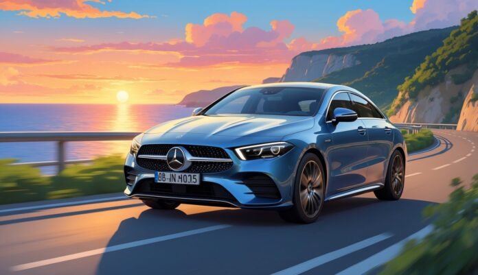 Mercedes CLA automobil vozi uz obalnu cestu pri zalasku sunca.