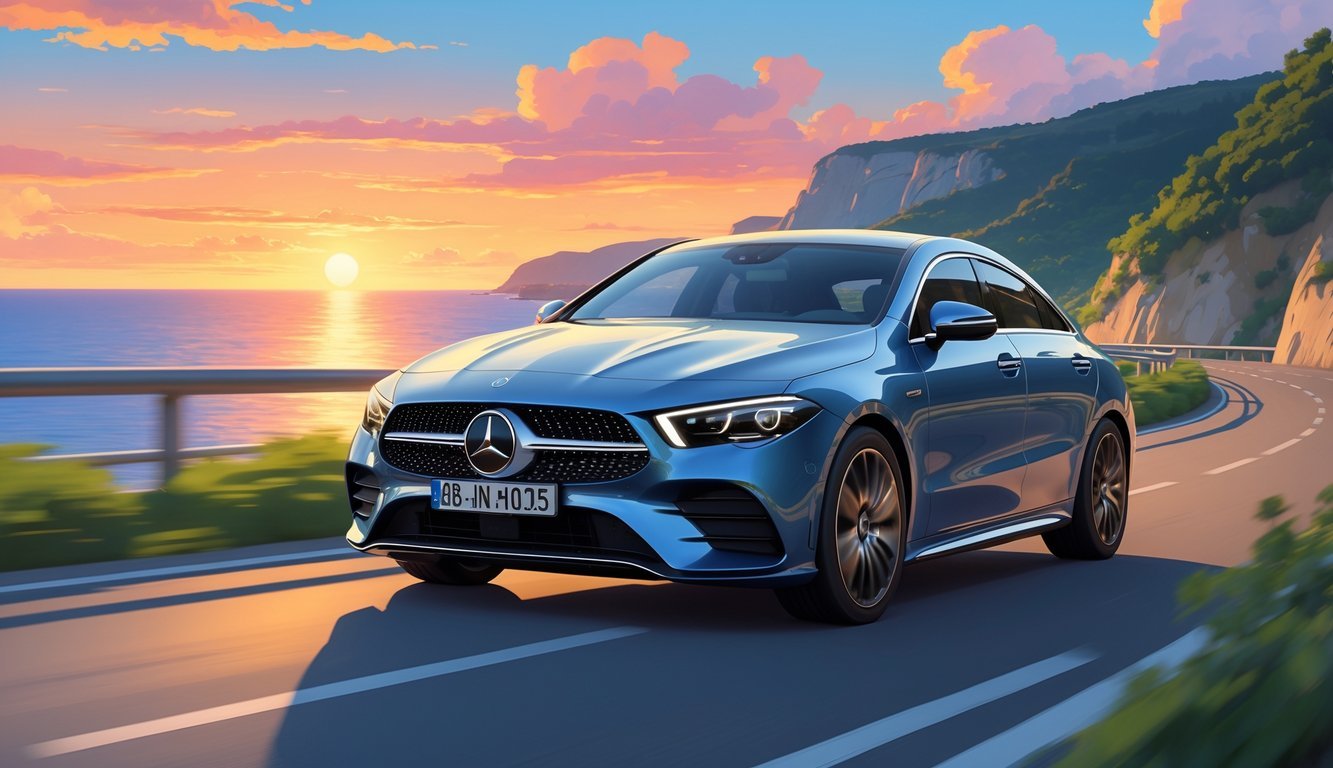 Mercedes CLA automobil vozi uz obalnu cestu pri zalasku sunca.
