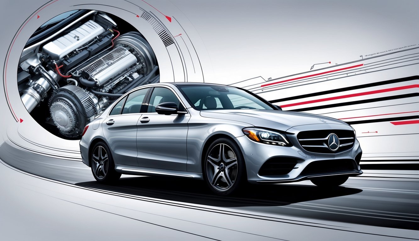 Mercedes C klase automobil na cesti s prikazom motora i mjenjača u pozadini.