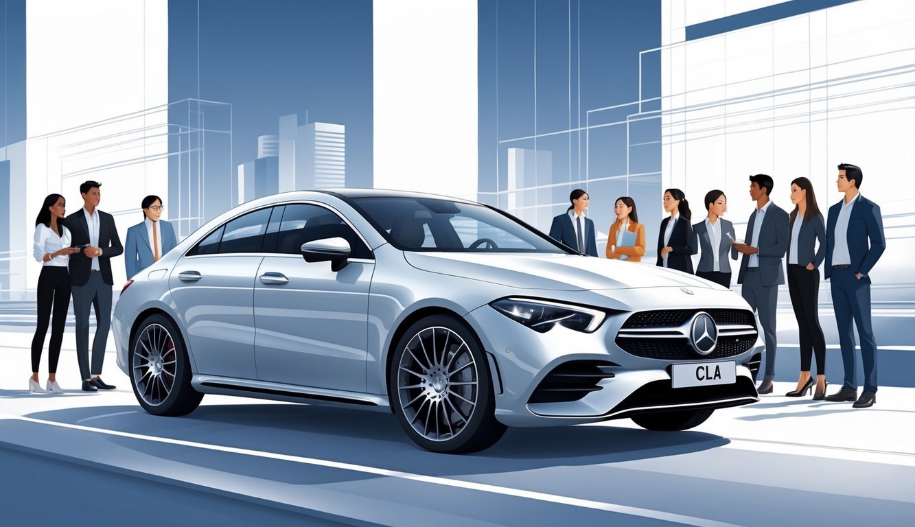 Moderan Mercedes CLA parkiran u gradskom okruženju, s grupom mladih profesionalaca koji ga promatraju.