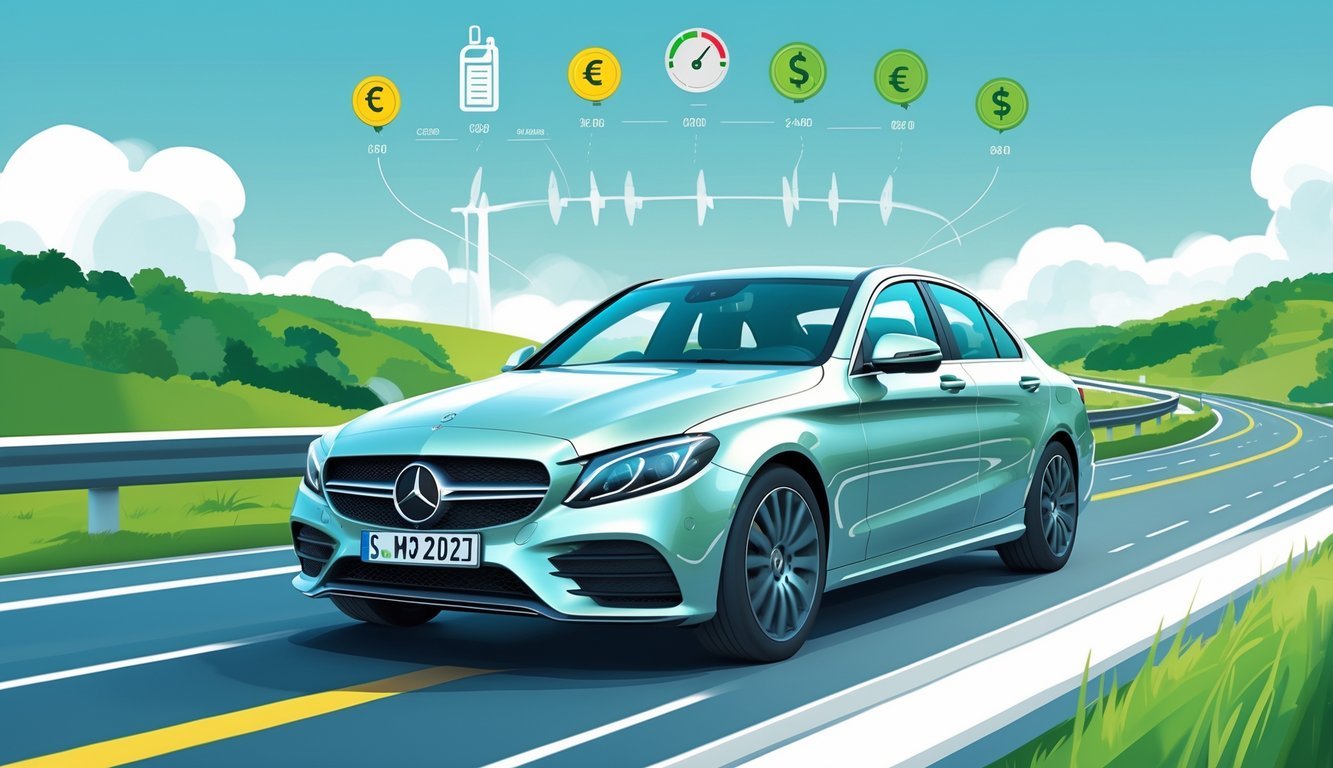 Mercedes C220d na cesti okružen zelenim krajolikom, prikazuje potrošnju goriva i troškove vožnje.