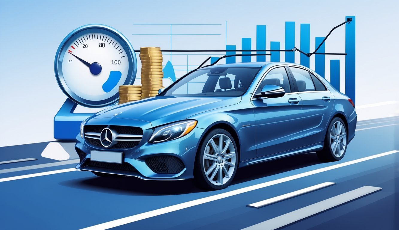 Mercedes C klase na cesti okružen simbolima potrošnje goriva i ukupnih troškova vožnje.