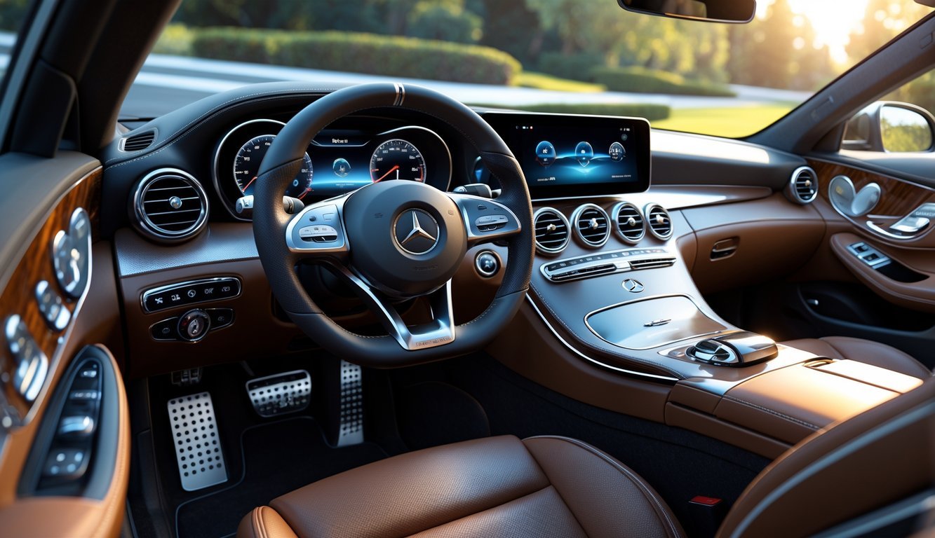Unutrašnjost Mercedesa C klase s prikazom upravljača, središnjeg ekrana i luksuznih materijala.