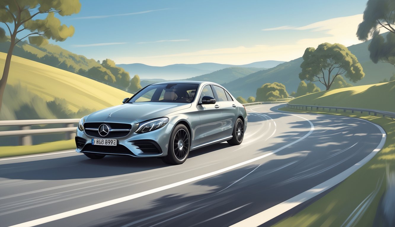 Mercedes C-klasa vozi se cestom okruženom prirodom, prikazujući glatku vožnju i stabilnost.