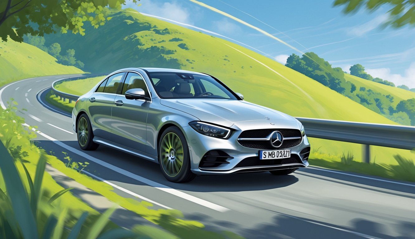 Mercedes C220d na vijugavoj cesti okruženoj zelenilom, s prikazom ovjesa i vozačem koji uživa u vožnji.