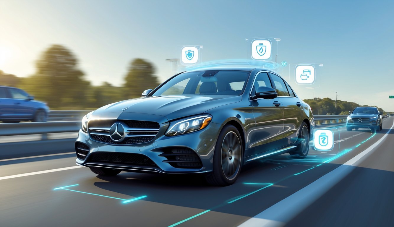 Mercedes C-klasa na cesti s prikazom aktivnih sigurnosnih sustava tijekom vožnje.