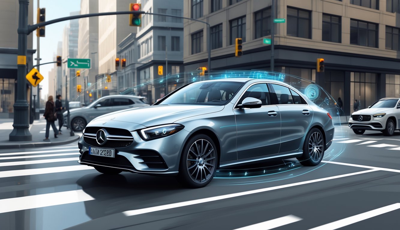 Mercedes C220d na gradskoj ulici s prikazom sigurnosnih i pomoćnih sustava vozaču.