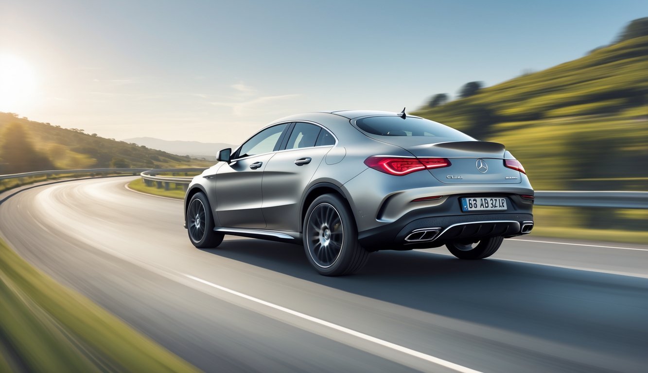 Mercedes CLA automobil u vožnji na zavojitoj cesti kroz prirodni krajolik.