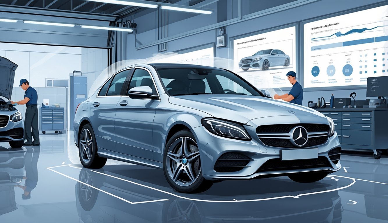 Mercedes C klase automobil u garaži za servis s mehaničarima i prikazom dijelova automobila koji se često kvare.