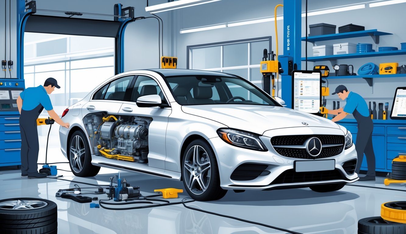 Mercedes C220d u radionici gdje tehničari pregledavaju i popravljaju automobil, uz prikaz dijelova motora i alata za servis.