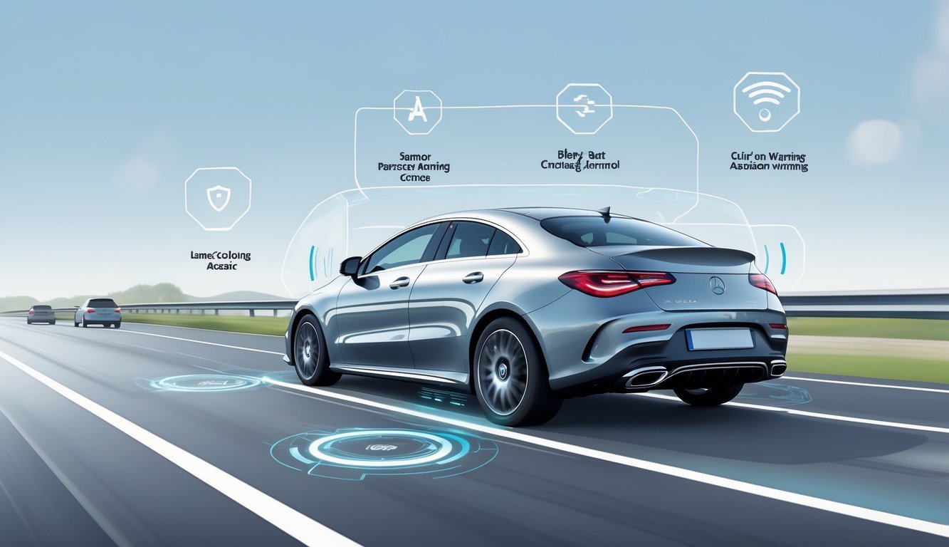 Mercedes CLA na autocesti s prikazom sigurnosnih i sustava pomoći vozaču.
