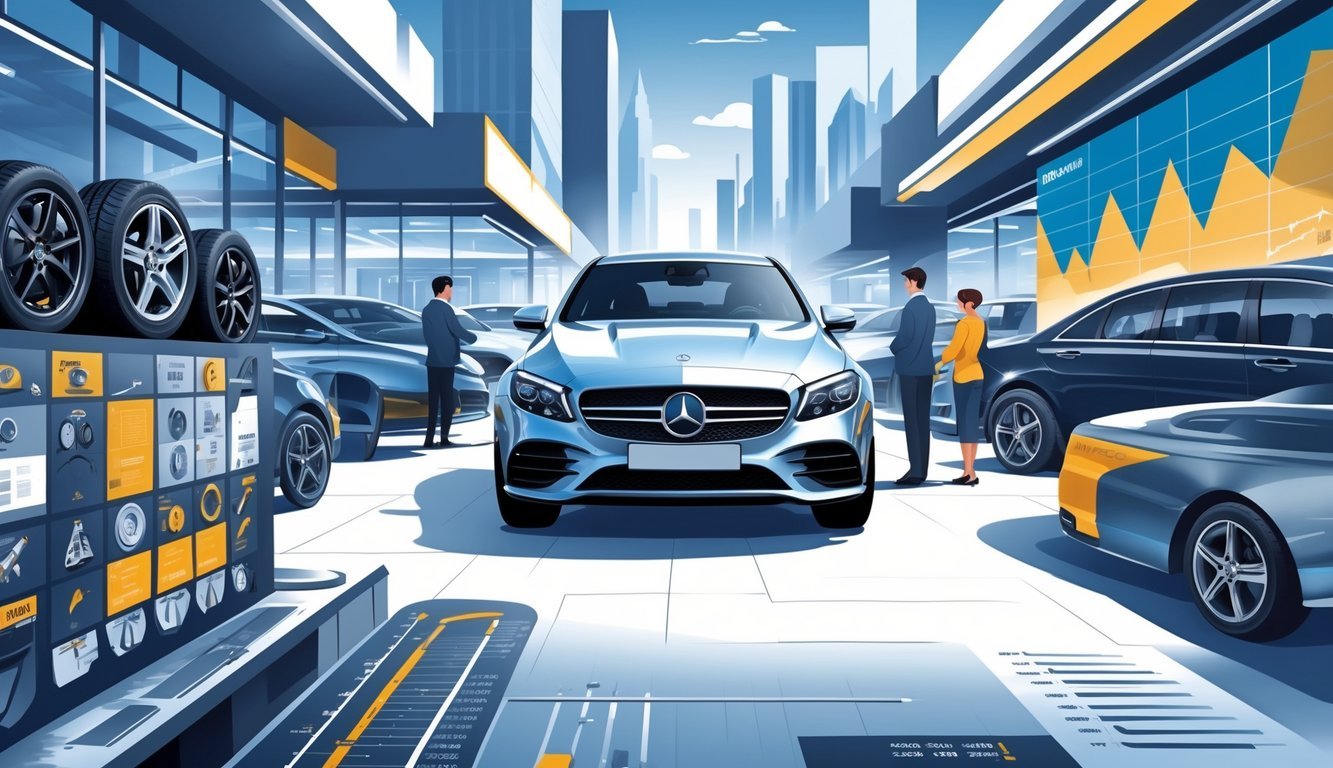 Mercedes C klase automobil izložen u urbanom okruženju s prikazom opreme i grafikona tržišta rabljenih vozila.