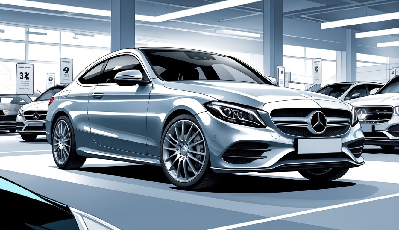 Prikaz rabljenog automobila Mercedes C220d u izložbenom prostoru s elementima koji simboliziraju cijene, opremu i tržište.