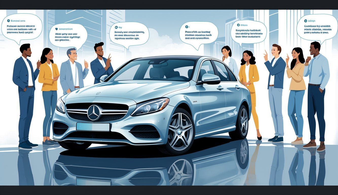 Grupa ljudi razgovara oko parkiranog automobila Mercedes C klase, prikazujući njihove pozitivne i negativne dojmove.