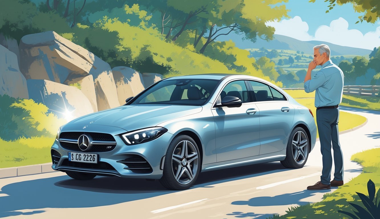 Osoba stoji pored parkiranog Mercedes C220d automobila na cesti s urbanim i prirodnim okruženjem u pozadini.