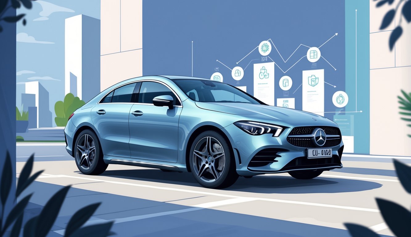 Parkirani Mercedes CLA u urbanom okruženju s naglaskom na dizajn i opremu automobila.