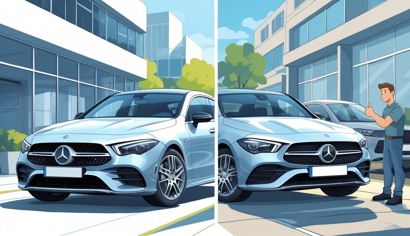 Osoba kraj Mercedes CLA automobila s prikazom pozitivnih i negativnih iskustava vlasnika.