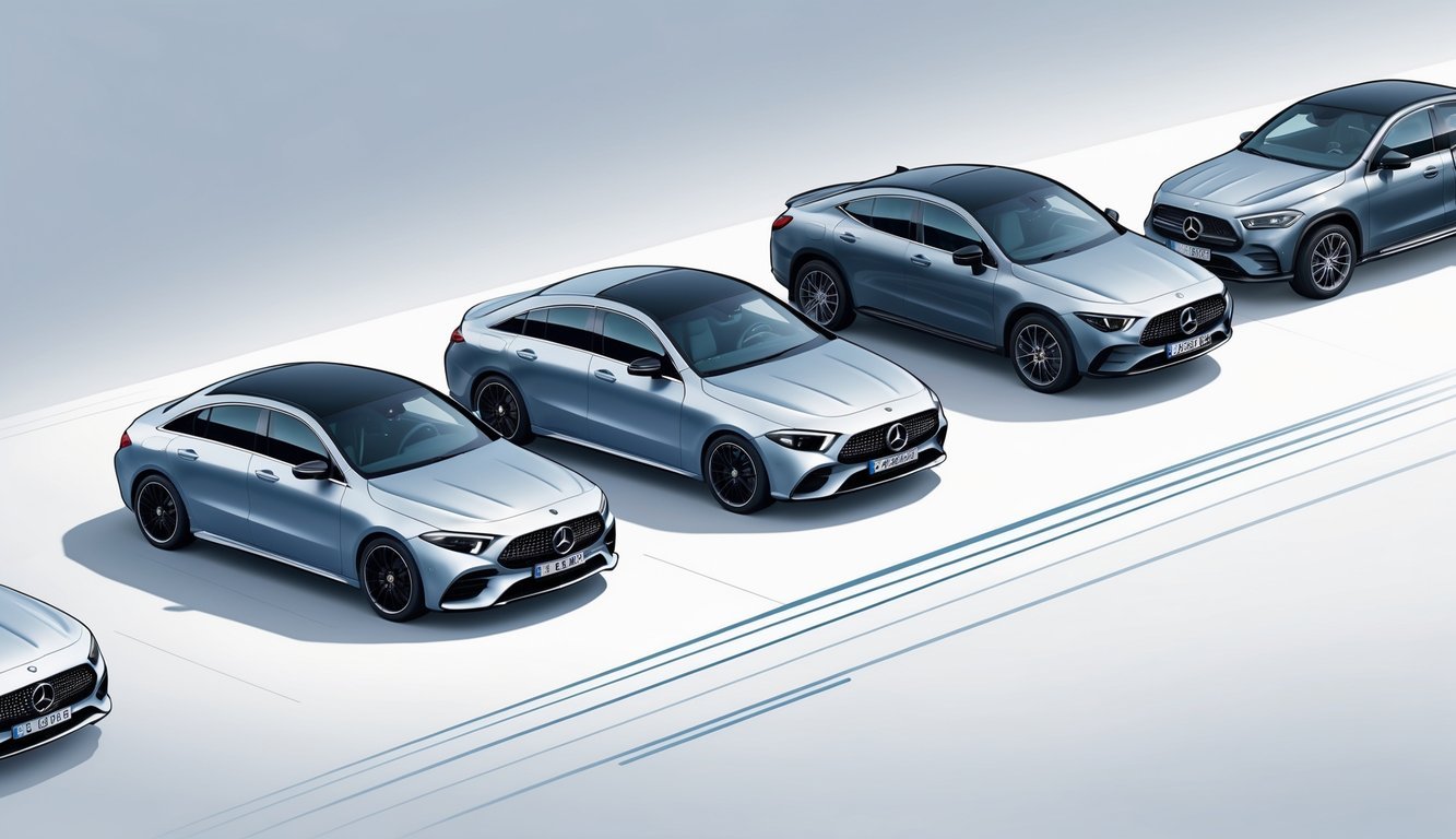 Ilustracija usporedbe nekoliko modernih luksuznih kompaktnih automobila, uključujući Mercedes CLA i konkurentske modele, prikazanih jedan do drugog na neutralnoj pozadini.