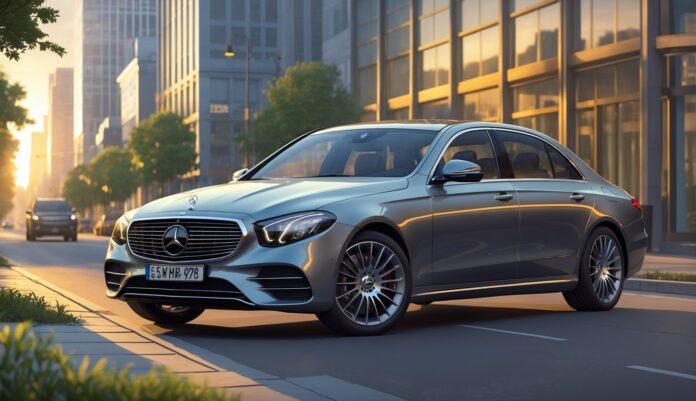 Mercedes E-klasa parkirana na gradskoj ulici s visokim zgradama i zelenilom u pozadini.