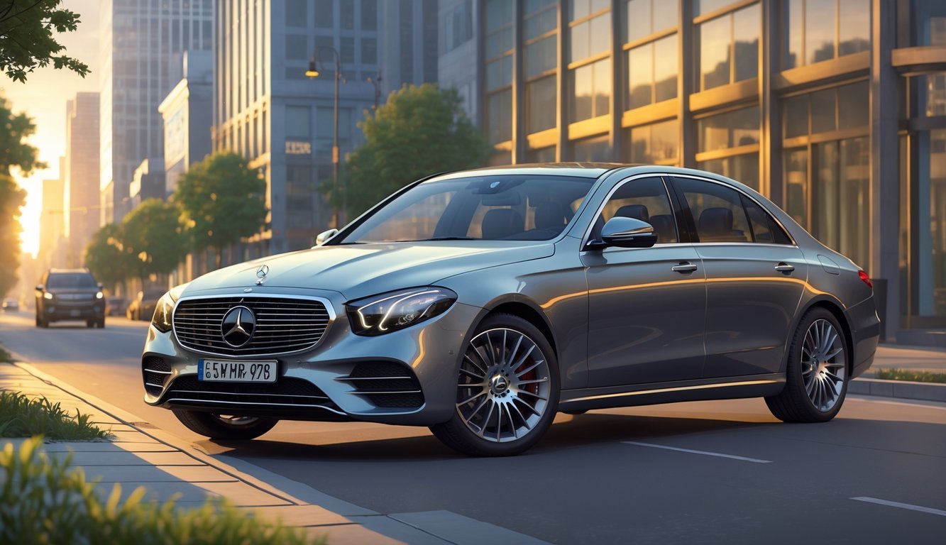 Mercedes E-klasa parkirana na gradskoj ulici s visokim zgradama i zelenilom u pozadini.