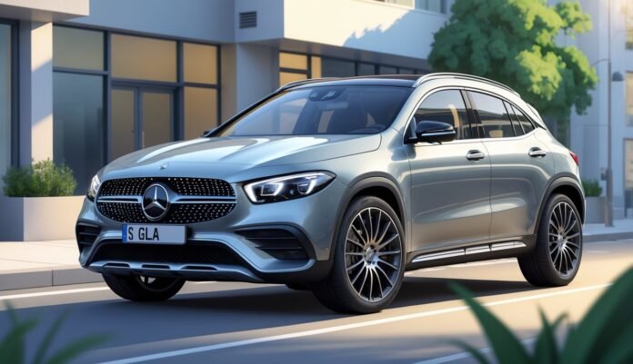 Mercedes GLA parkiran na gradskom ulici s modernim zgradama u pozadini.
