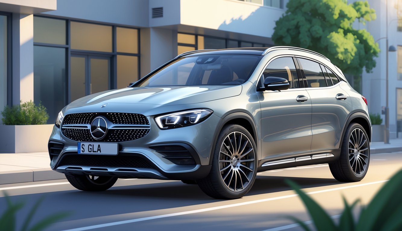 Mercedes GLA parkiran na gradskom ulici s modernim zgradama u pozadini.