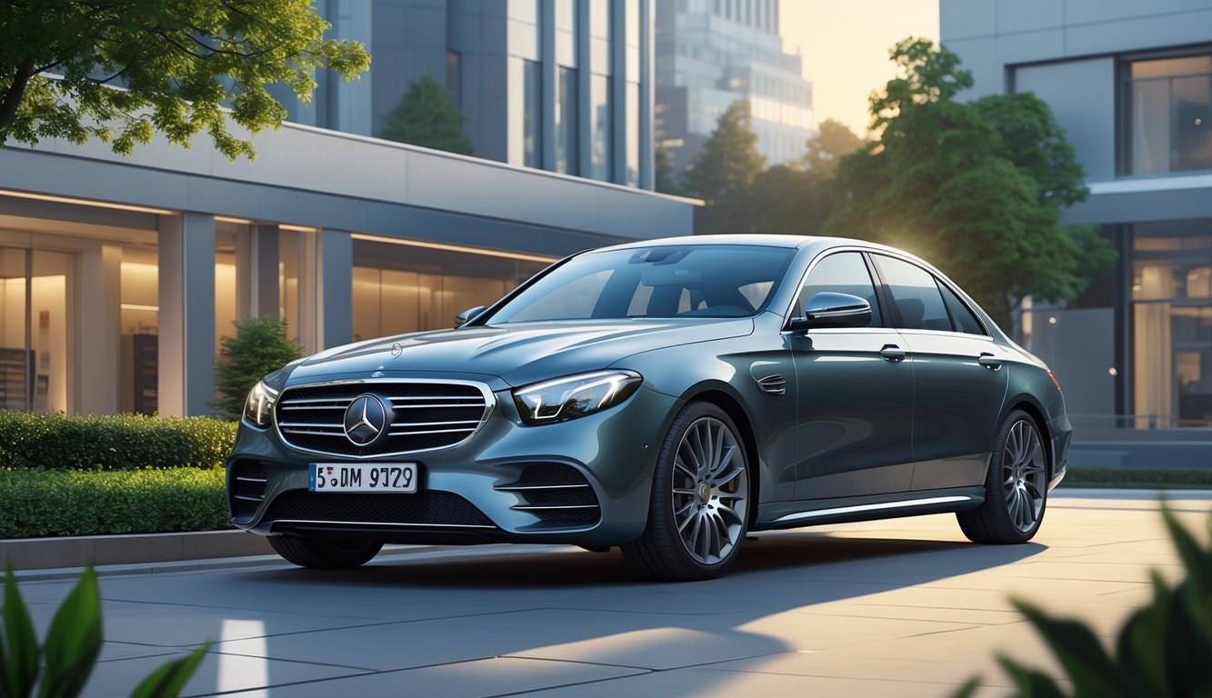 Mercedes E-klasa parkiran ispred modernih zgrada u gradskom okruženju tijekom dana.