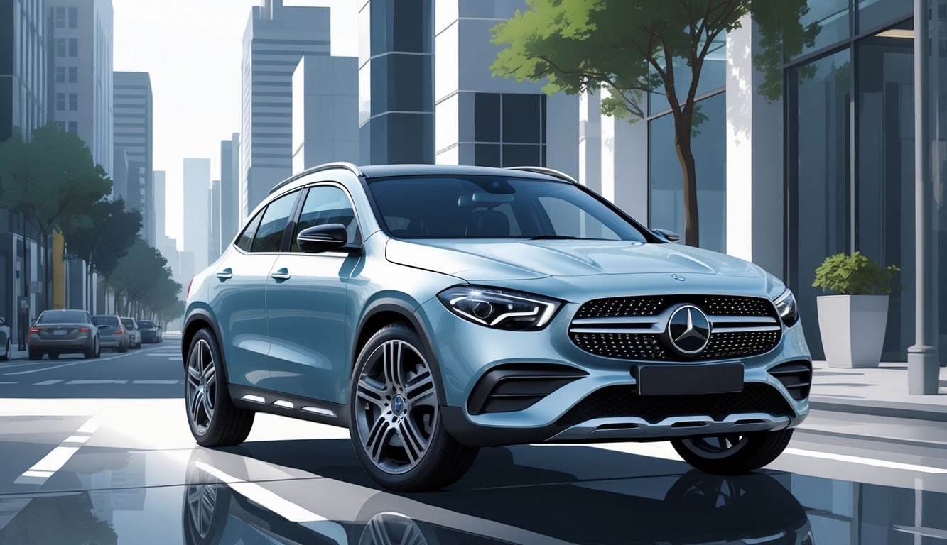 Mercedes GLA parkiran u urbanom okruženju s visokim zgradama u pozadini.