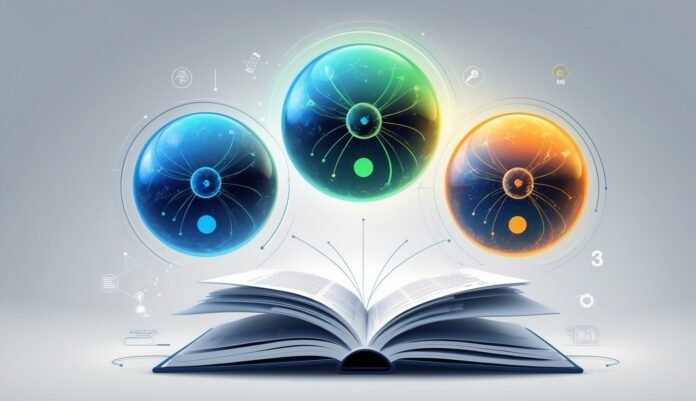 Tri svjetleća orbita iznad otvorene knjige koja simboliziraju tri različita iskustva.
