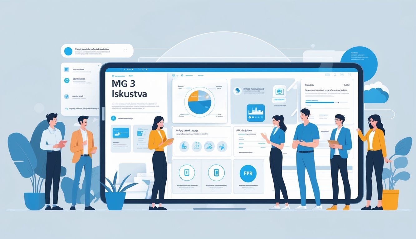 Ilustracija koja prikazuje pregled modela mg 3 iskustva i ljude različitih dobi i zanimanja koji ga koriste u svakodnevnom okruženju.