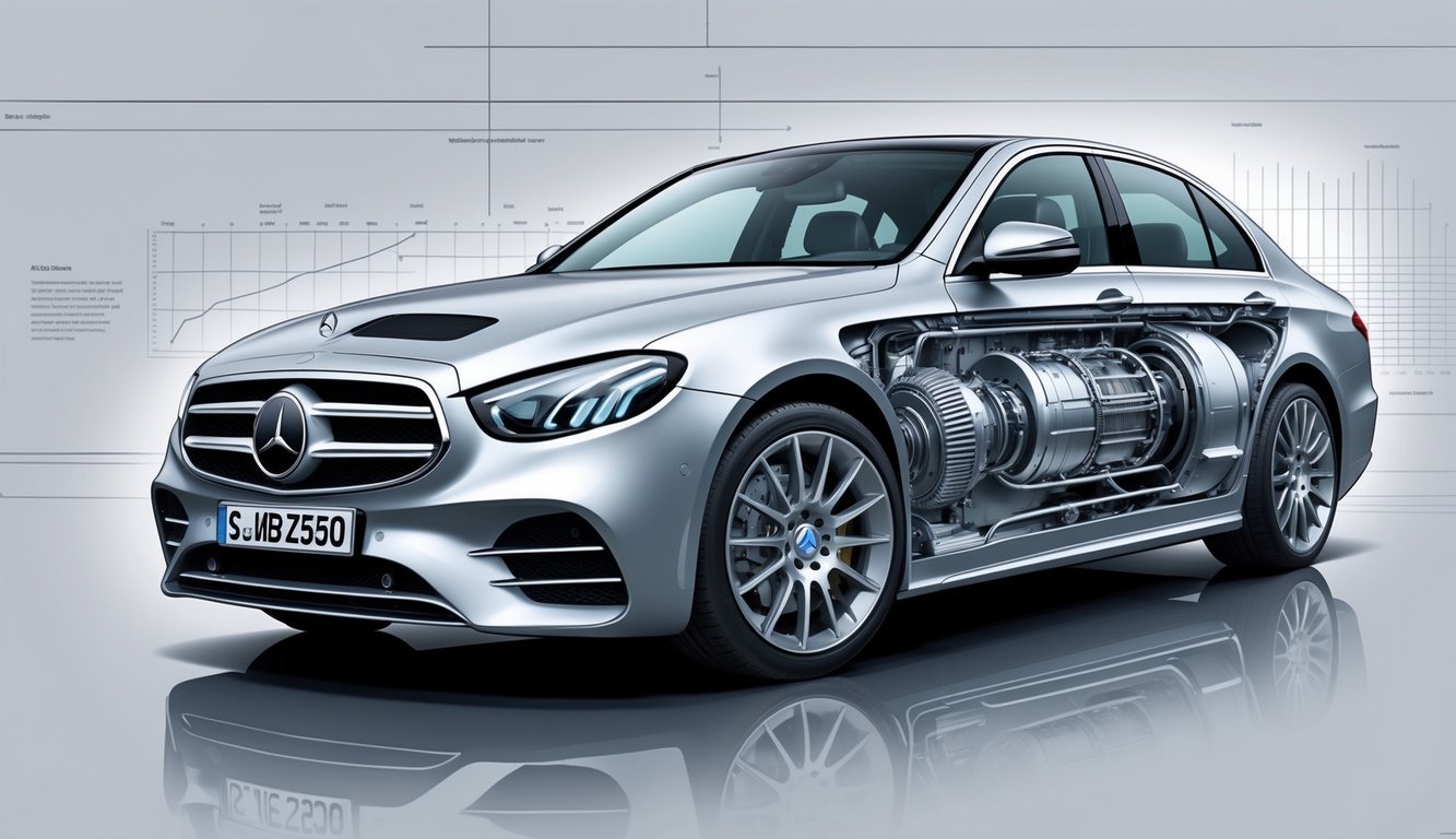 Prikaz Mercedes E klase s vidljivim motorom i mjenjačem, s detaljima mehaničkih dijelova i tehničkim elementima u pozadini.