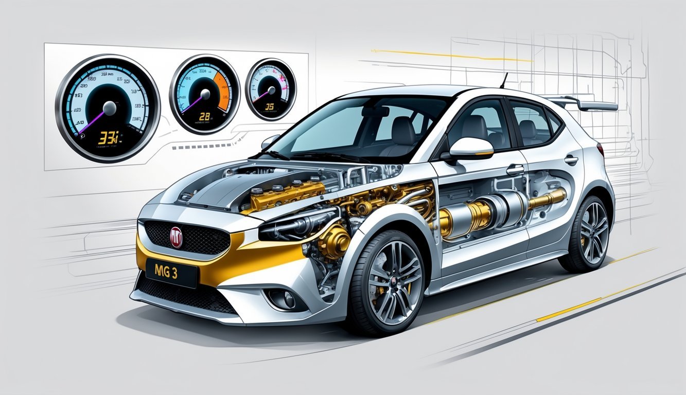 Prikaz unutarnjeg motora, performansi i mjenjača automobila MG 3 s detaljnim prikazom dijelova i mjernih instrumenata.