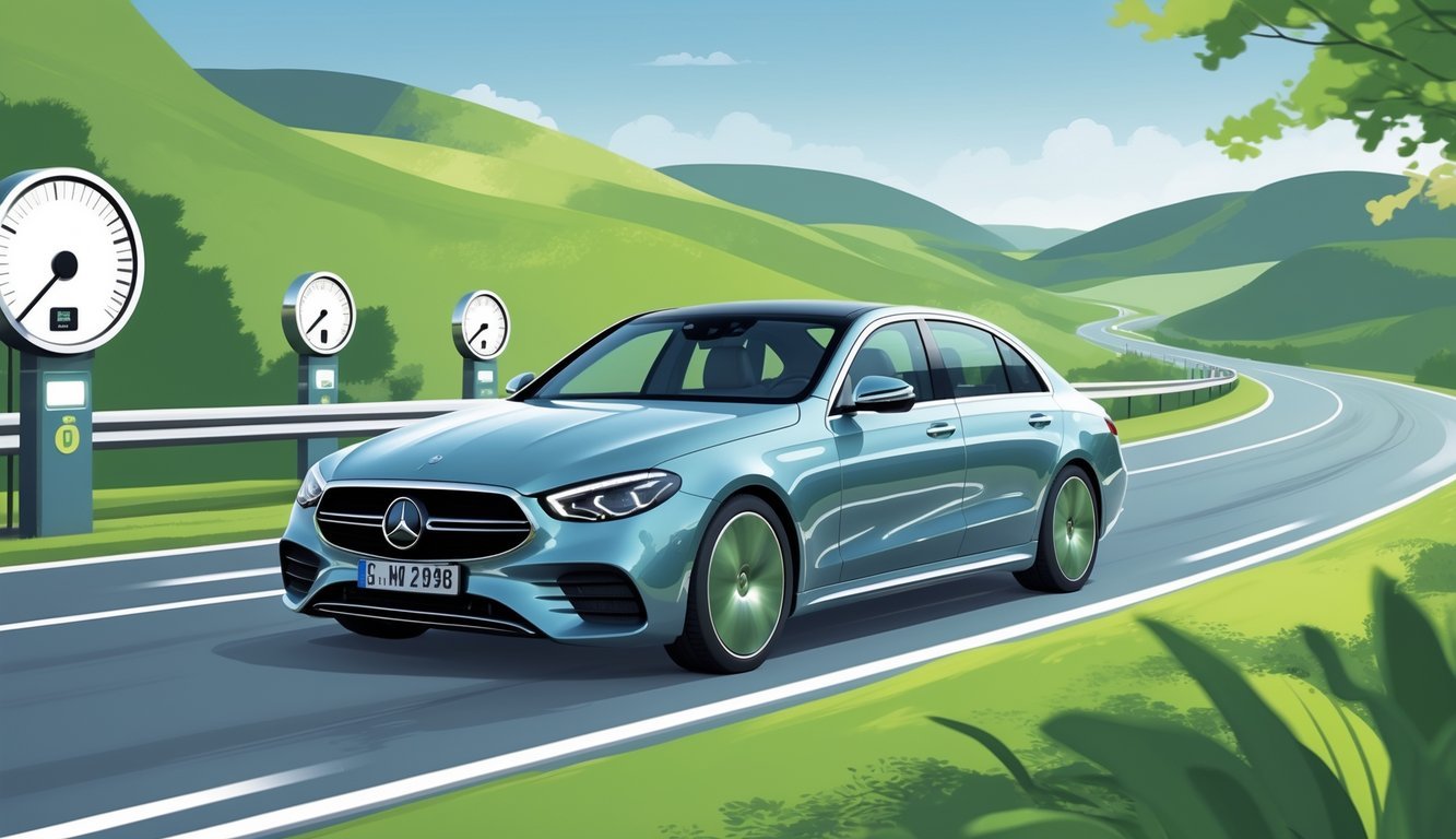 Mercedes E-klasa na cesti okružena zelenim krajolikom, s prikazom pokazivača goriva i simbola troškova vožnje u pozadini.