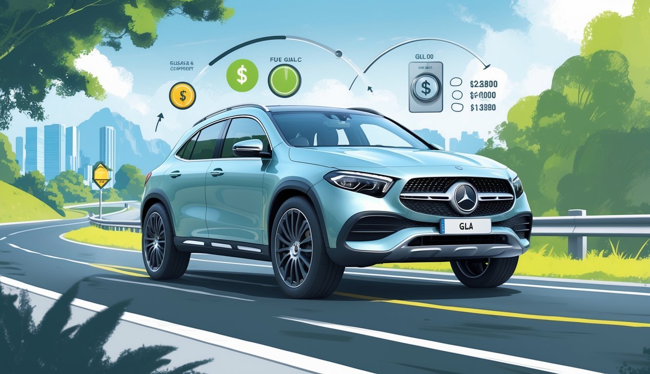Mercedes GLA SUV vozi cestom s prikazom elemenata koji simboliziraju potrošnju goriva i ukupne troškove vožnje.