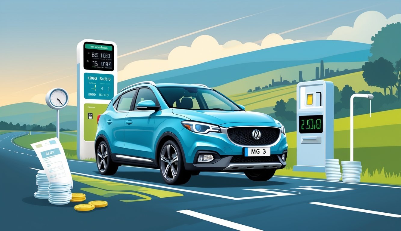 Automobil MG 3 na cesti s prikazom elemenata koji simboliziraju potrošnju goriva i ukupne troškove vožnje.