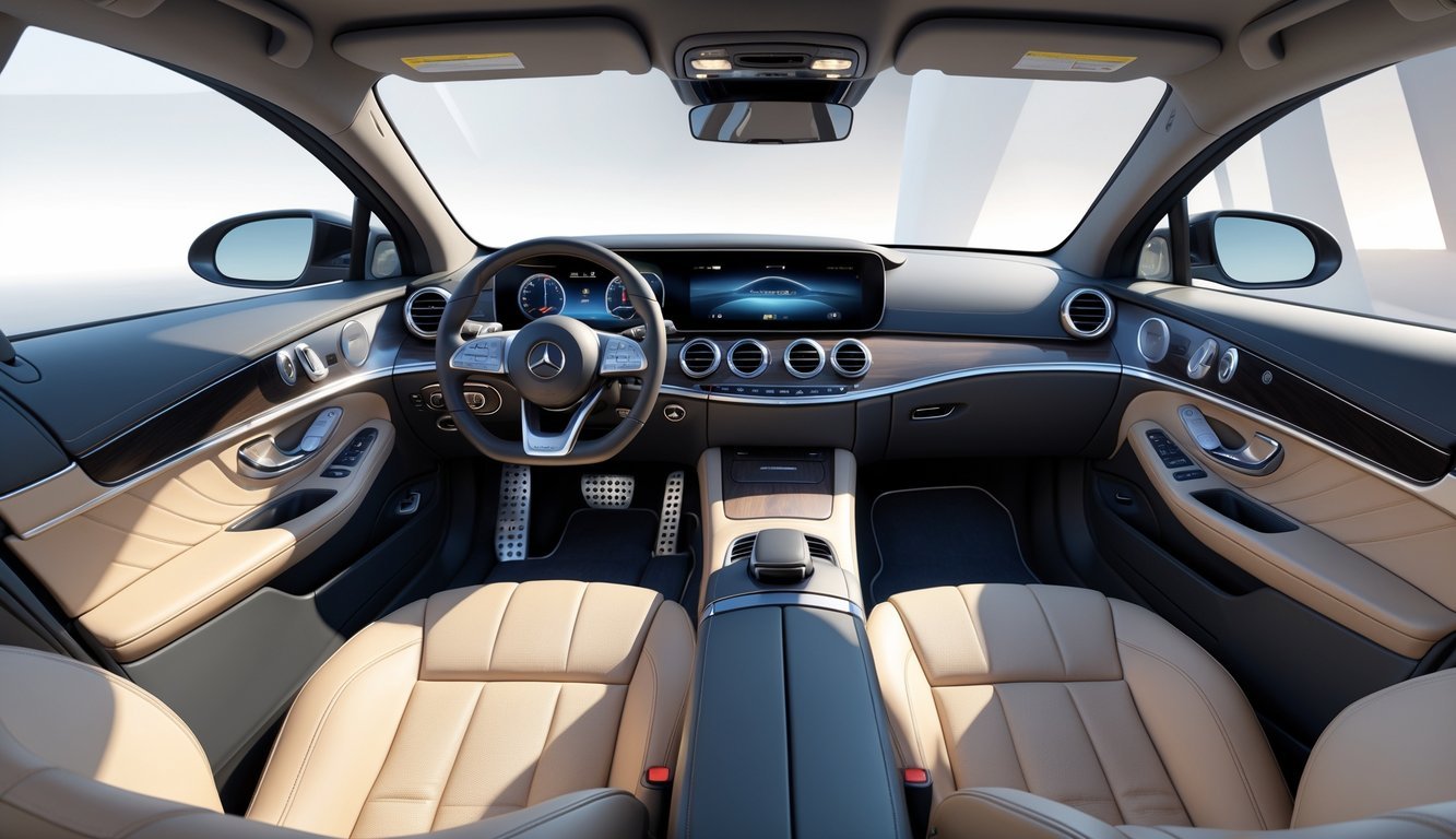 Unutrašnjost Mercedesa E-klase s udobnim sjedalima i prostranim prostorom za putnike.