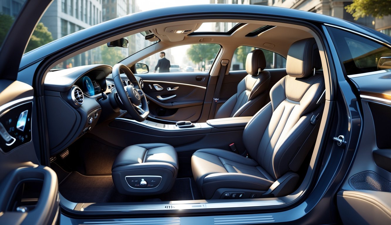 Mercedes GLA parkiran u urbanom okruženju s prikazom udobnog i prostranog unutrašnjeg prostora i praktičnih detalja.